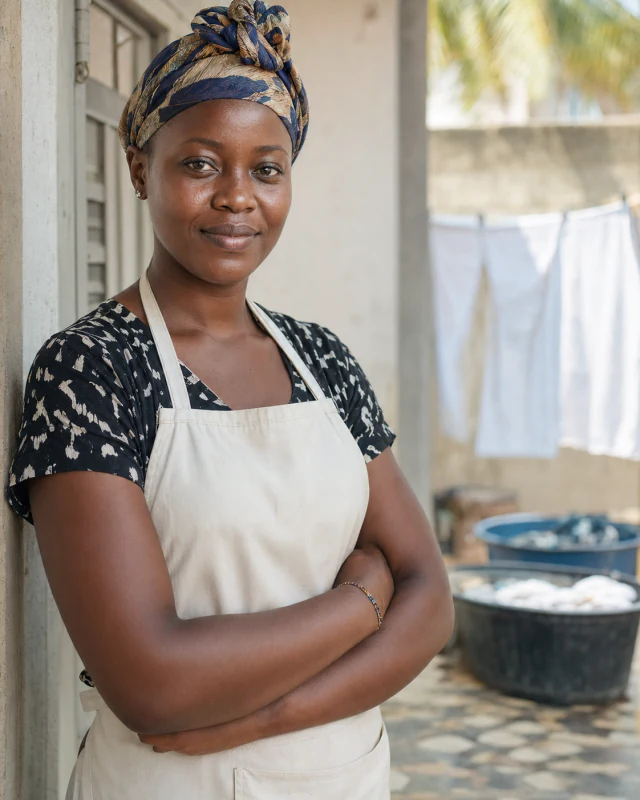 Une laveuse Washed, dans une cour à Lomé.